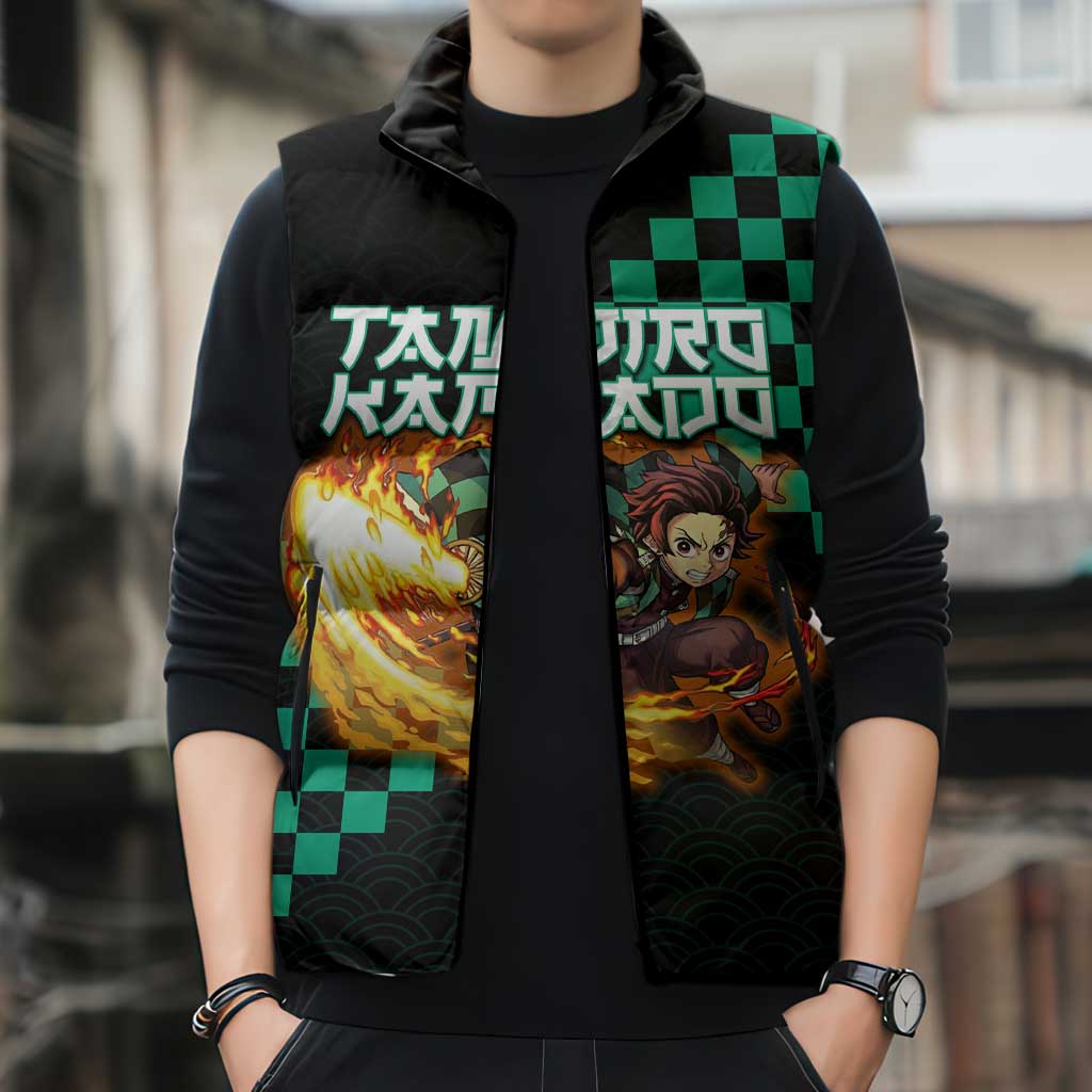Tanjiro Kamado Demon Slayer Sleeveless Puffer Jacket Fiery Checkered Anime Wave Style