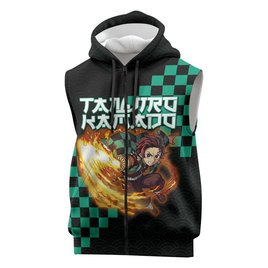 Tanjiro Kamado Demon Slayer Sleeveless Zip Hoodie Fiery Checkered Anime Wave Style