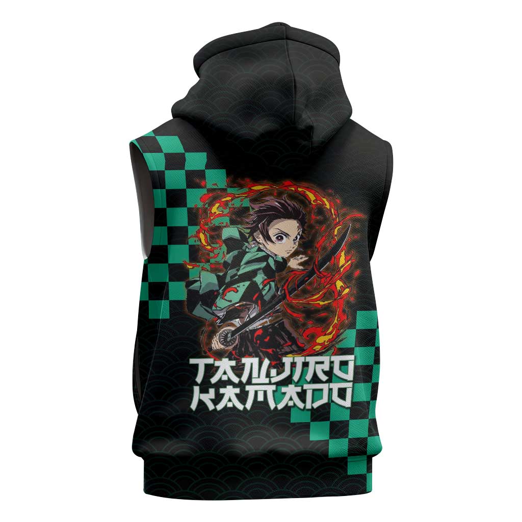 Tanjiro Kamado Demon Slayer Sleeveless Zip Hoodie Fiery Checkered Anime Wave Style