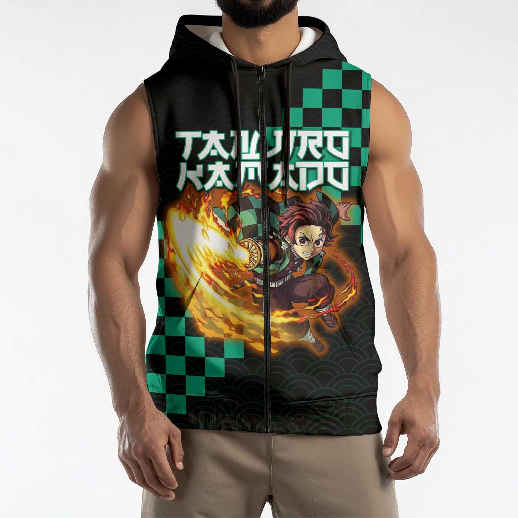 Tanjiro Kamado Demon Slayer Sleeveless Zip Hoodie Fiery Checkered Anime Wave Style