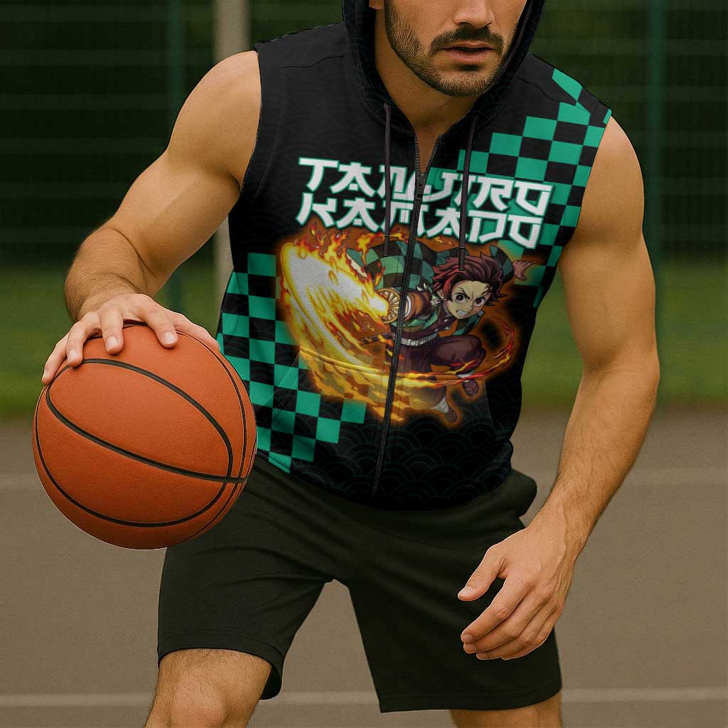 Tanjiro Kamado Demon Slayer Sleeveless Zip Hoodie Fiery Checkered Anime Wave Style