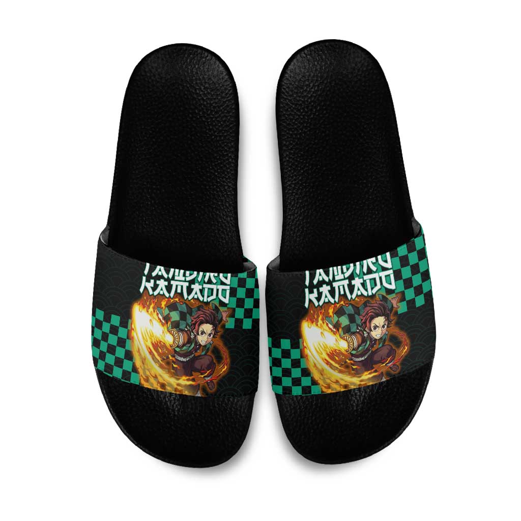 Tanjiro Kamado Demon Slayer Slide Sandals Fiery Checkered Anime Wave Style