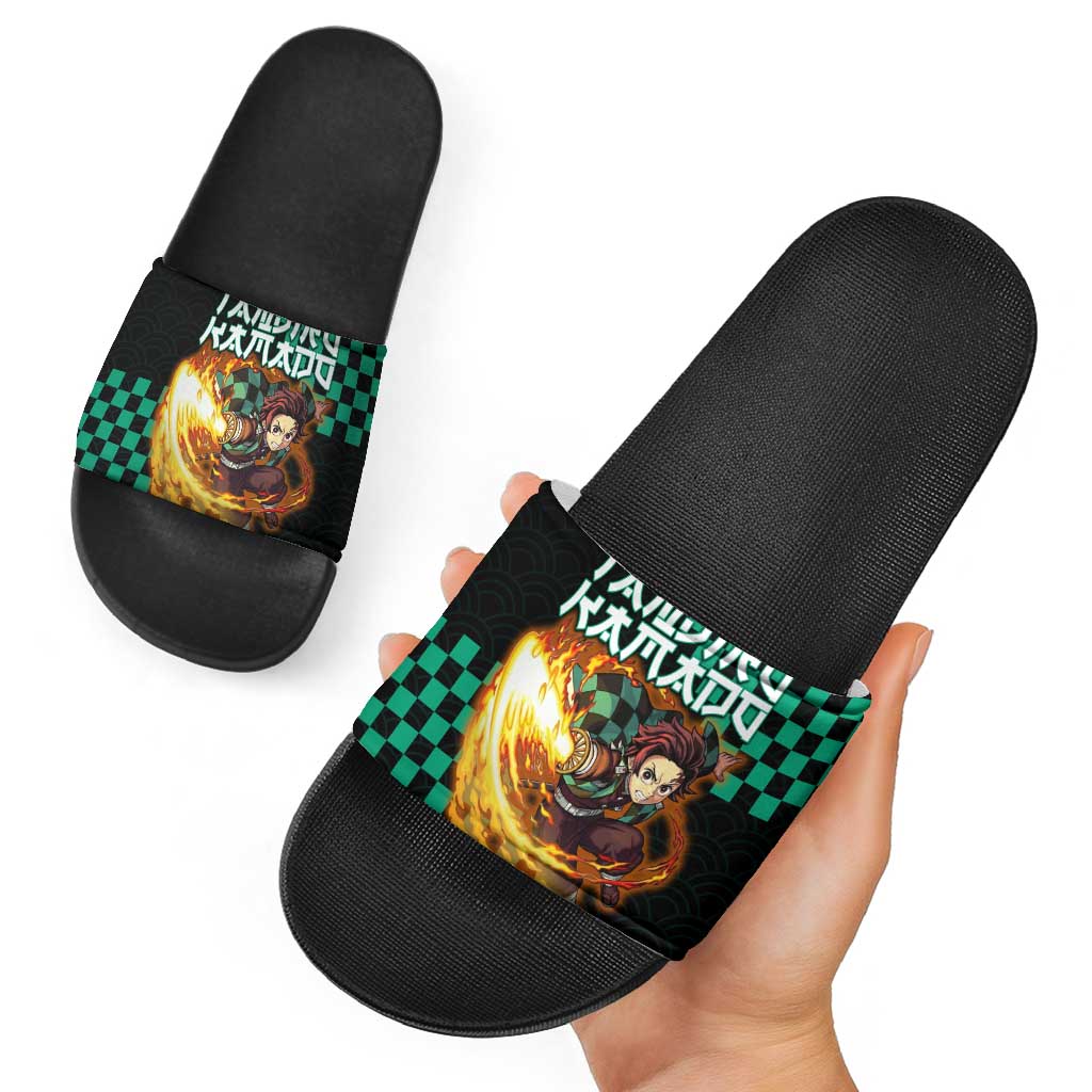Tanjiro Kamado Demon Slayer Slide Sandals Fiery Checkered Anime Wave Style