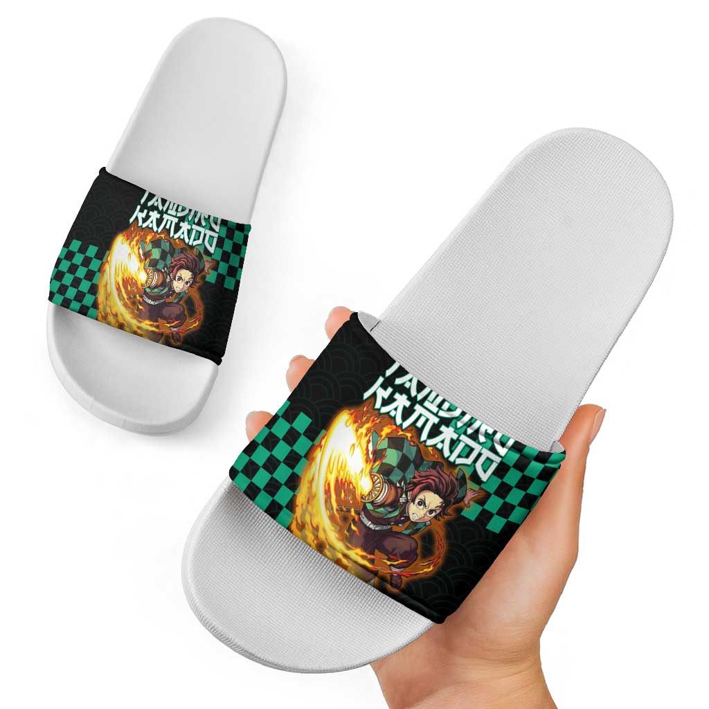 Tanjiro Kamado Demon Slayer Slide Sandals Fiery Checkered Anime Wave Style
