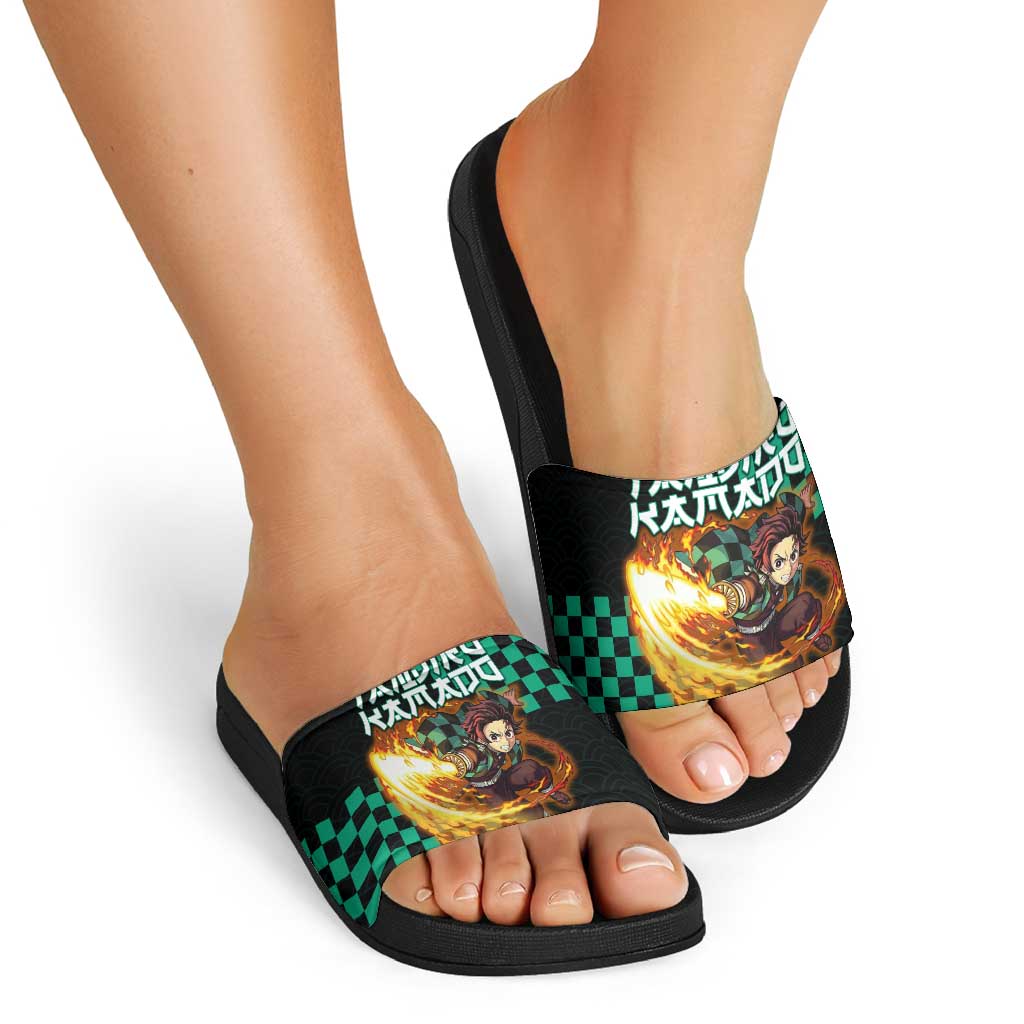 Tanjiro Kamado Demon Slayer Slide Sandals Fiery Checkered Anime Wave Style