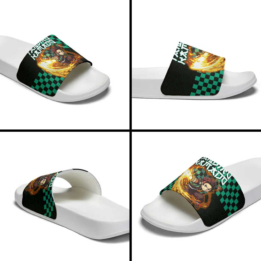 Tanjiro Kamado Demon Slayer Slide Sandals Fiery Checkered Anime Wave Style