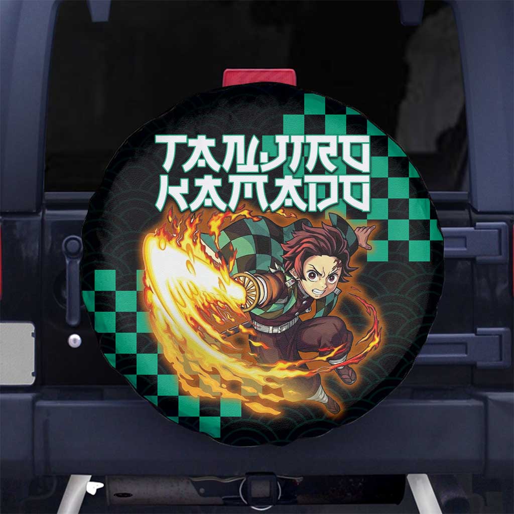 Tanjiro Kamado Demon Slayer Spare Tire Cover Fiery Checkered Anime Wave Style