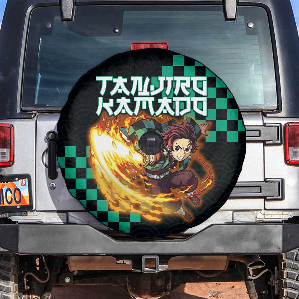 Tanjiro Kamado Demon Slayer Spare Tire Cover Fiery Checkered Anime Wave Style