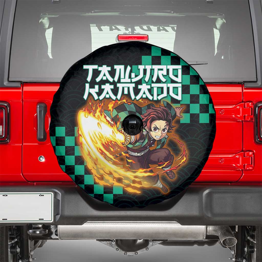 Tanjiro Kamado Demon Slayer Spare Tire Cover Fiery Checkered Anime Wave Style