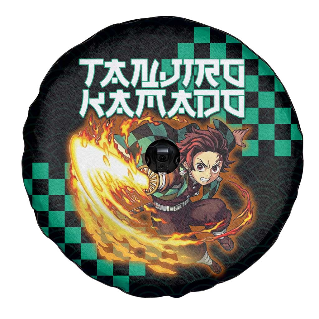 Tanjiro Kamado Demon Slayer Spare Tire Cover Fiery Checkered Anime Wave Style