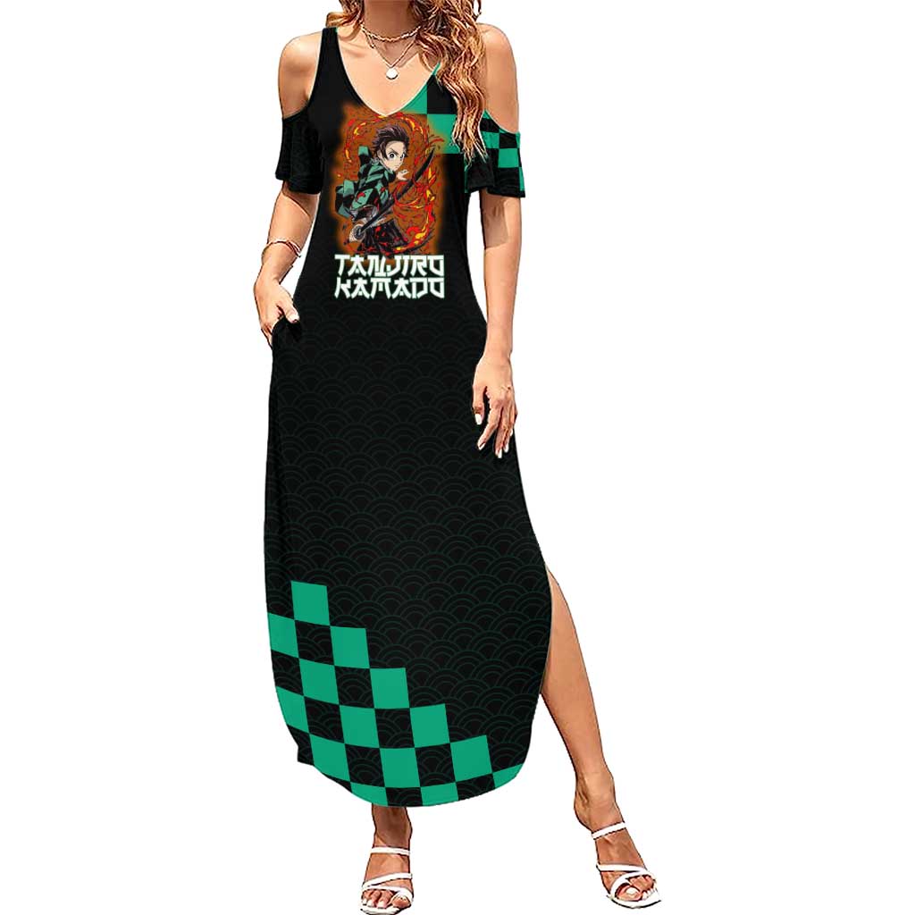 Tanjiro Kamado Demon Slayer Summer Maxi Dress Fiery Checkered Anime Wave Style