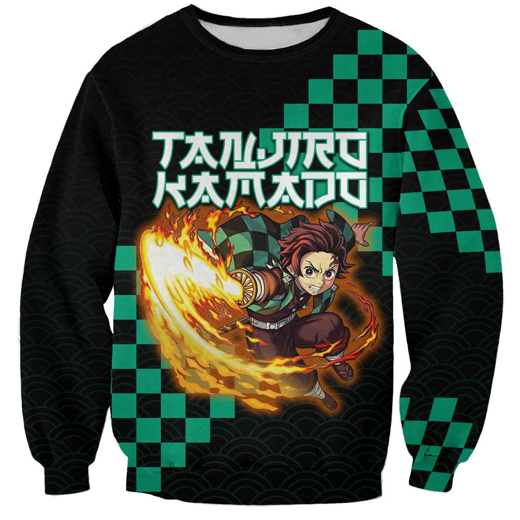 Tanjiro Kamado Demon Slayer Sweatshirt Fiery Checkered Anime Wave Style