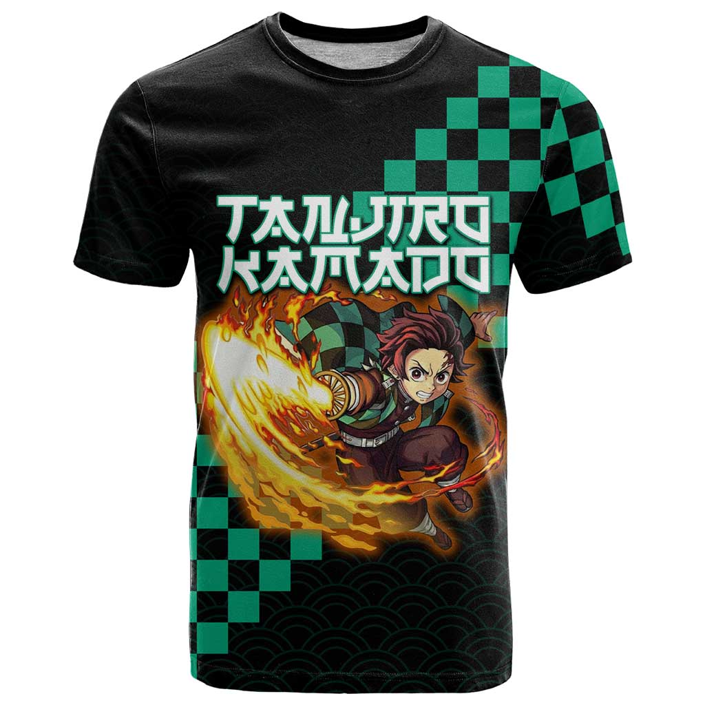 Tanjiro Kamado Demon Slayer T Shirt Fiery Checkered Anime Wave Style