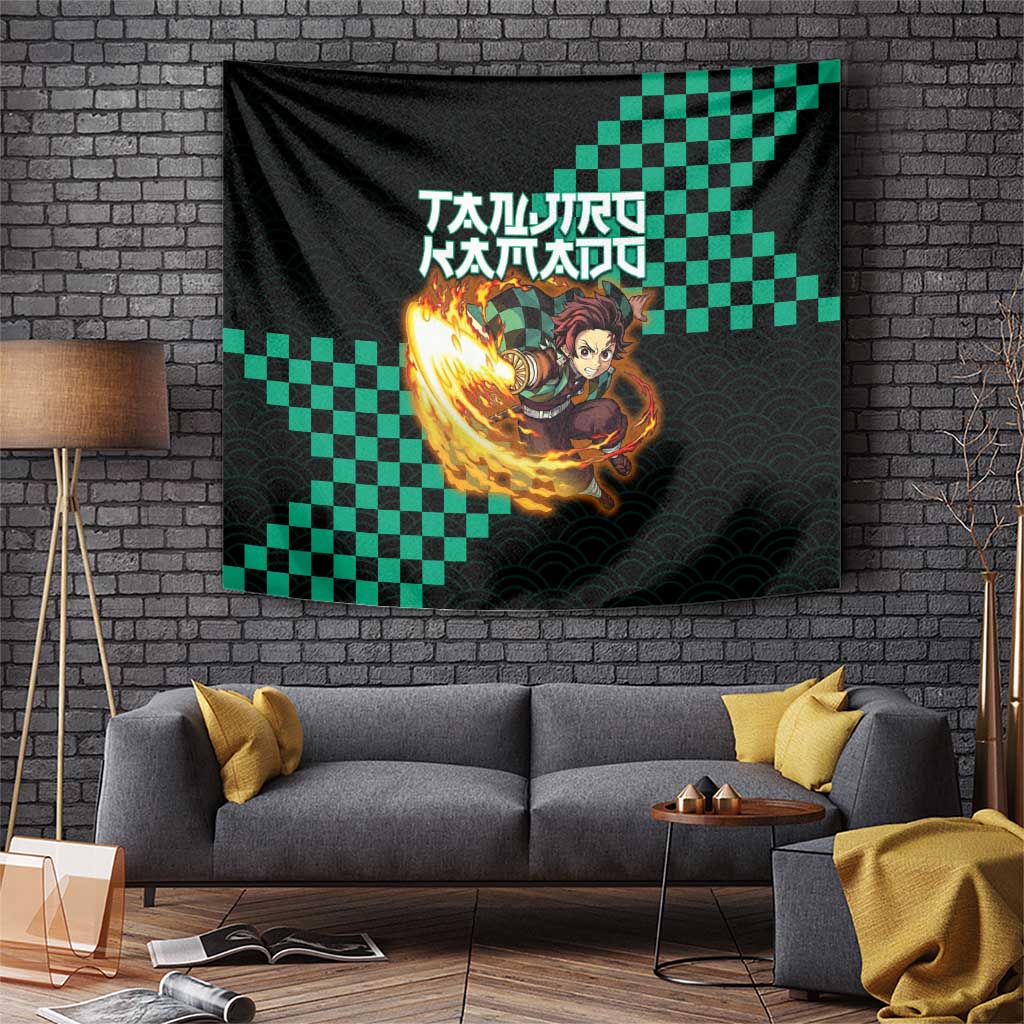 Tanjiro Kamado Demon Slayer Tapestry Fiery Checkered Anime Wave Style