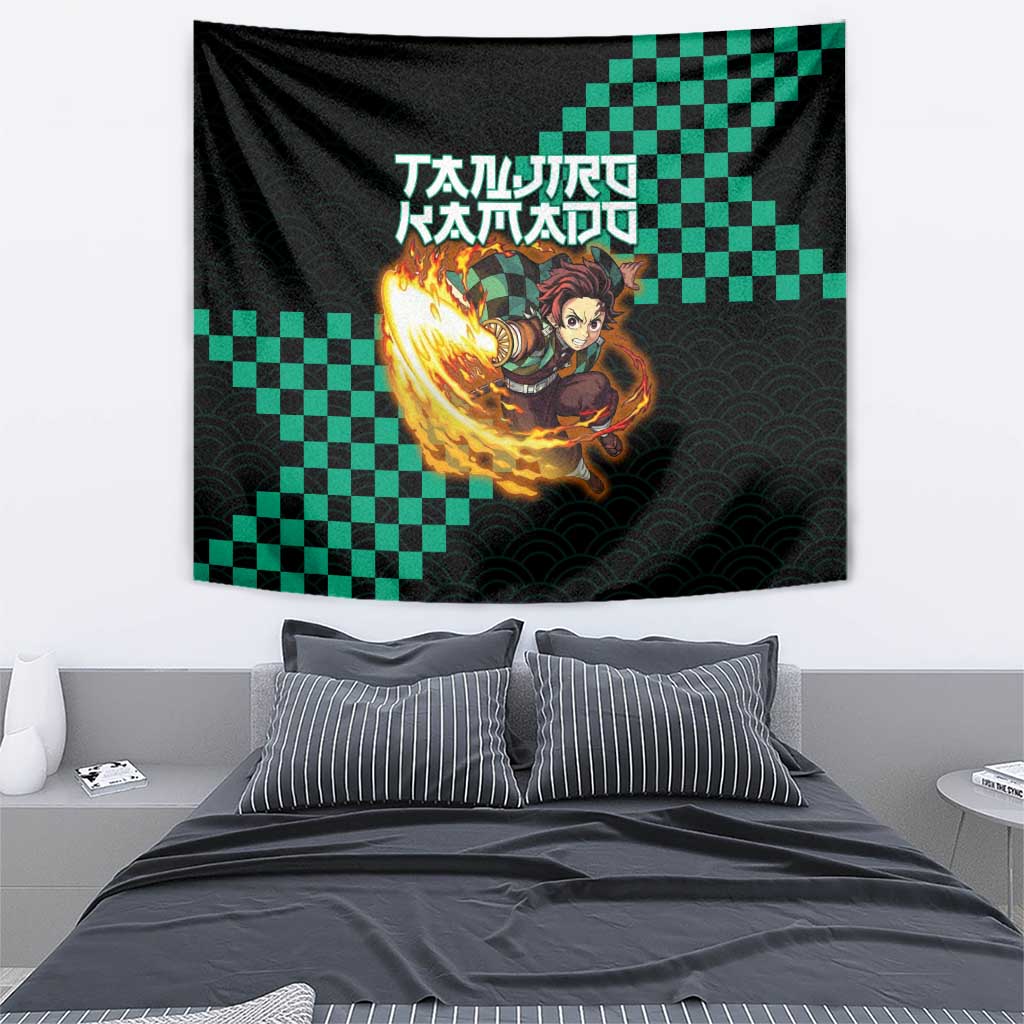 Tanjiro Kamado Demon Slayer Tapestry Fiery Checkered Anime Wave Style