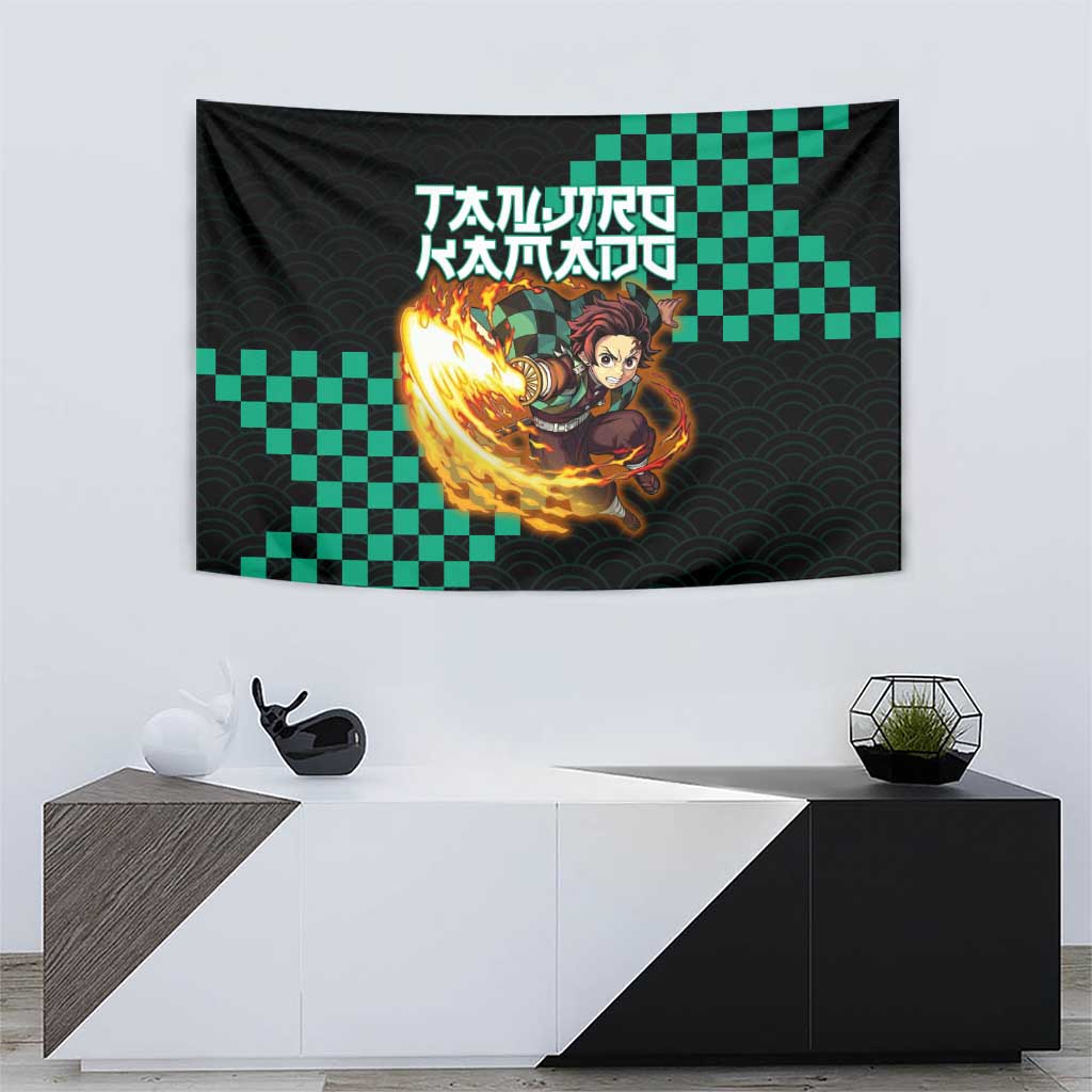 Tanjiro Kamado Demon Slayer Tapestry Fiery Checkered Anime Wave Style