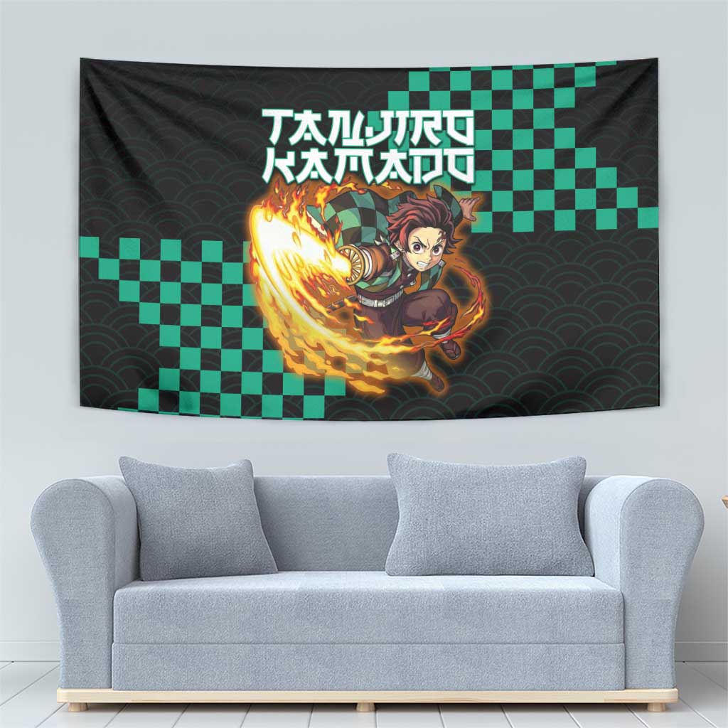 Tanjiro Kamado Demon Slayer Tapestry Fiery Checkered Anime Wave Style