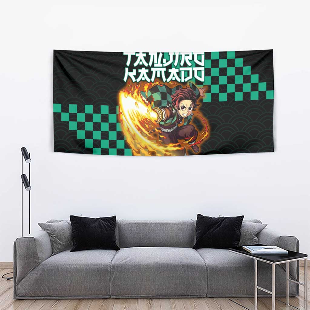 Tanjiro Kamado Demon Slayer Tapestry Fiery Checkered Anime Wave Style
