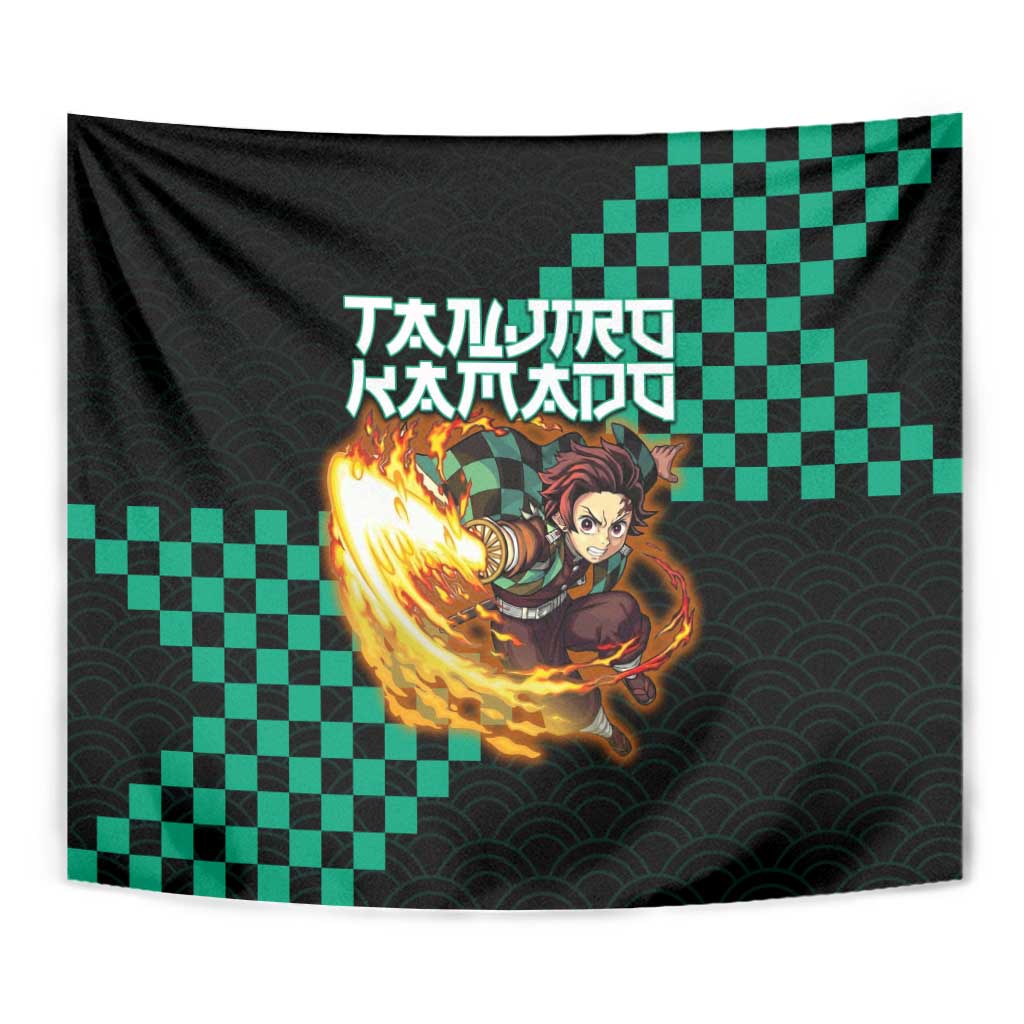 Tanjiro Kamado Demon Slayer Tapestry Fiery Checkered Anime Wave Style