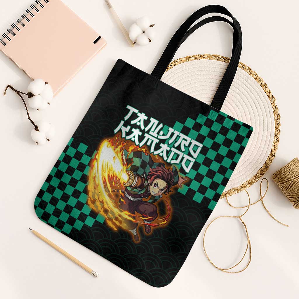 Tanjiro Kamado Demon Slayer Tote Bag Fiery Checkered Anime Wave Style