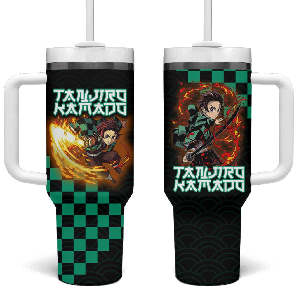 Tanjiro Kamado Demon Slayer Tumbler With Handle Fiery Checkered Anime Wave Style