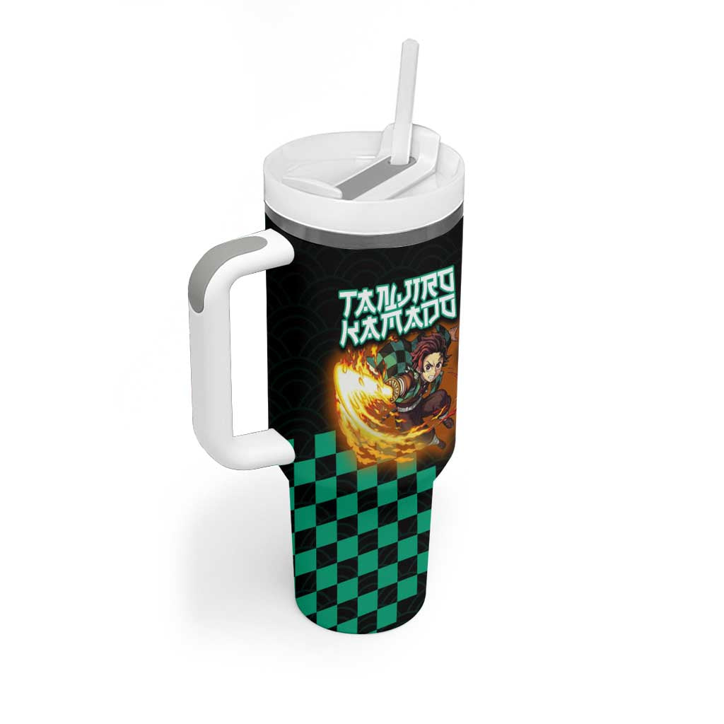 Tanjiro Kamado Demon Slayer Tumbler With Handle Fiery Checkered Anime Wave Style