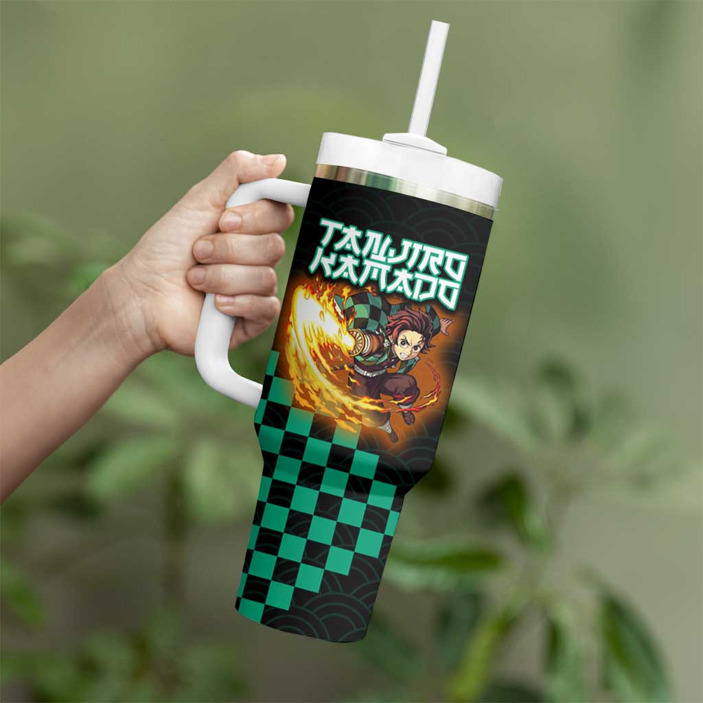 Tanjiro Kamado Demon Slayer Tumbler With Handle Fiery Checkered Anime Wave Style