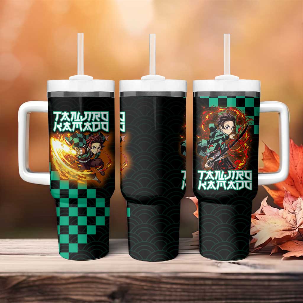 Tanjiro Kamado Demon Slayer Tumbler With Handle Fiery Checkered Anime Wave Style