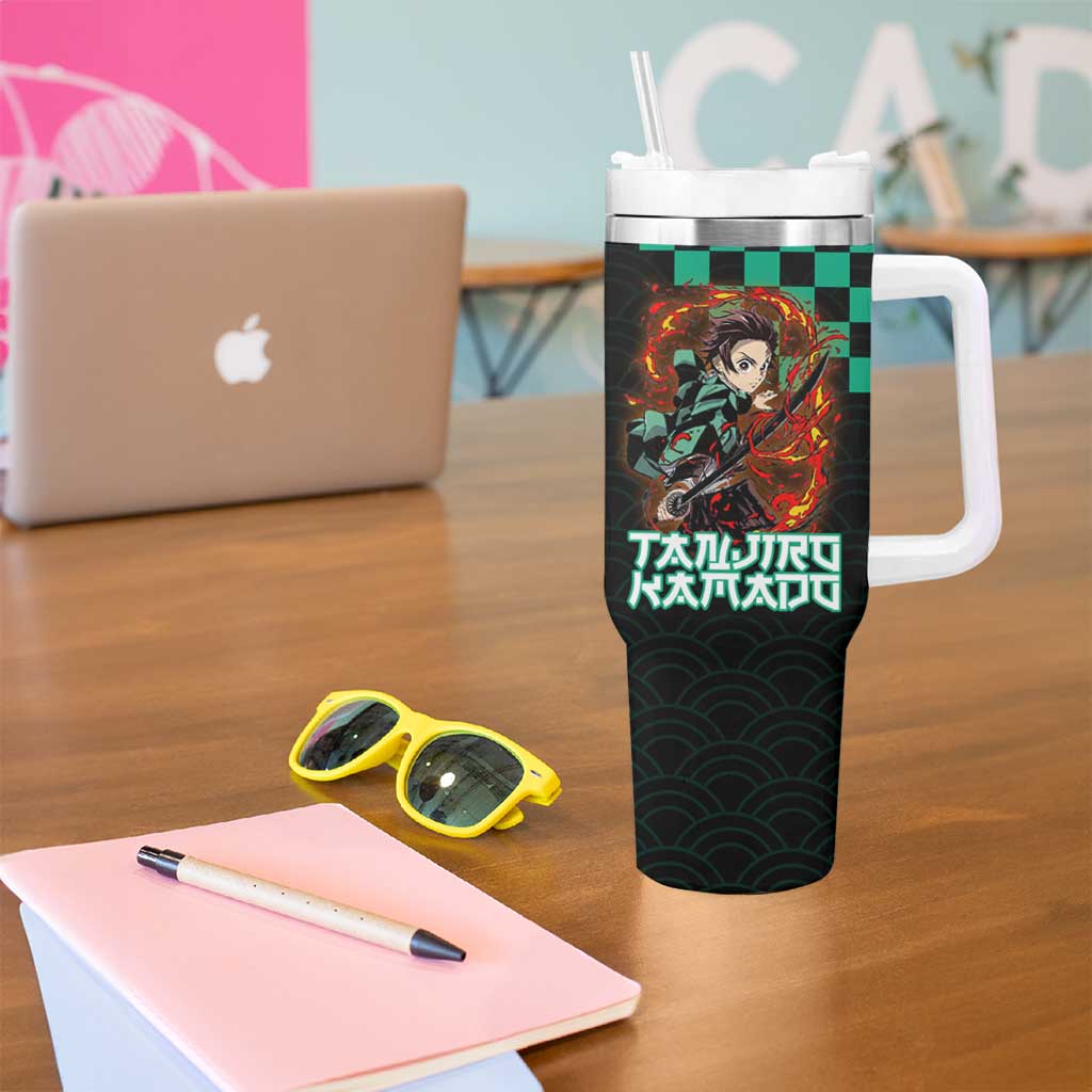 Tanjiro Kamado Demon Slayer Tumbler With Handle Fiery Checkered Anime Wave Style