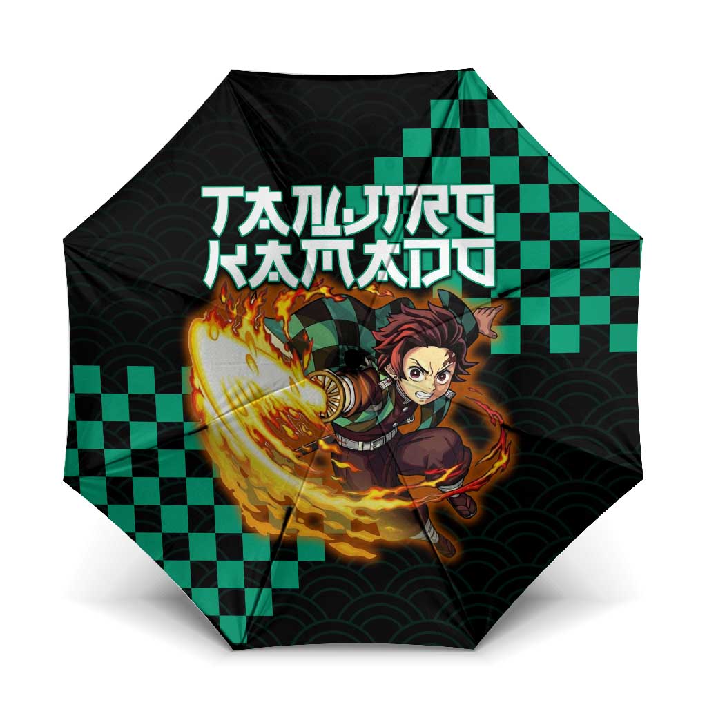Tanjiro Kamado Demon Slayer Umbrella Fiery Checkered Anime Wave Style