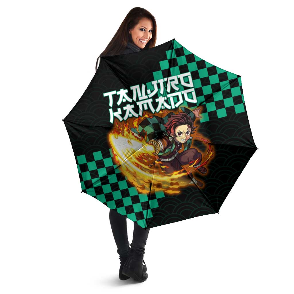 Tanjiro Kamado Demon Slayer Umbrella Fiery Checkered Anime Wave Style