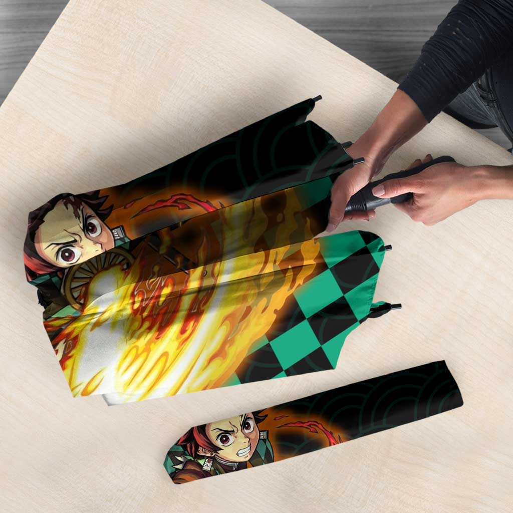 Tanjiro Kamado Demon Slayer Umbrella Fiery Checkered Anime Wave Style