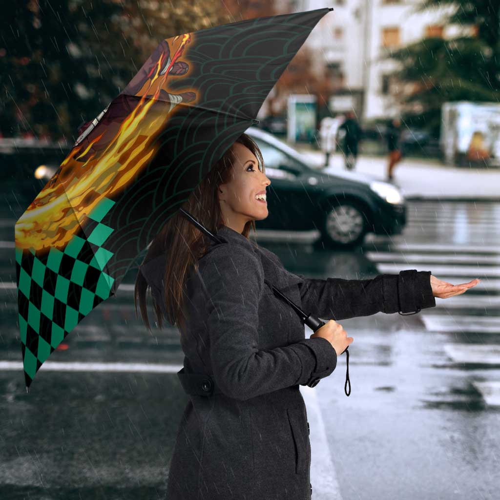 Tanjiro Kamado Demon Slayer Umbrella Fiery Checkered Anime Wave Style