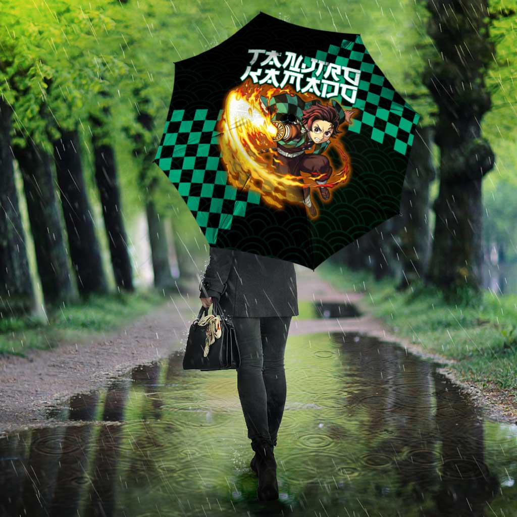 Tanjiro Kamado Demon Slayer Umbrella Fiery Checkered Anime Wave Style