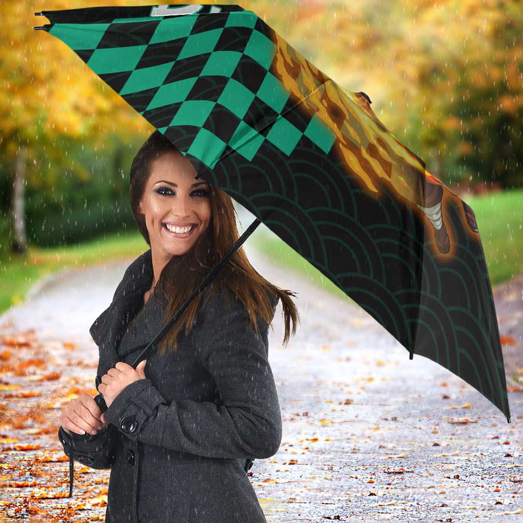 Tanjiro Kamado Demon Slayer Umbrella Fiery Checkered Anime Wave Style
