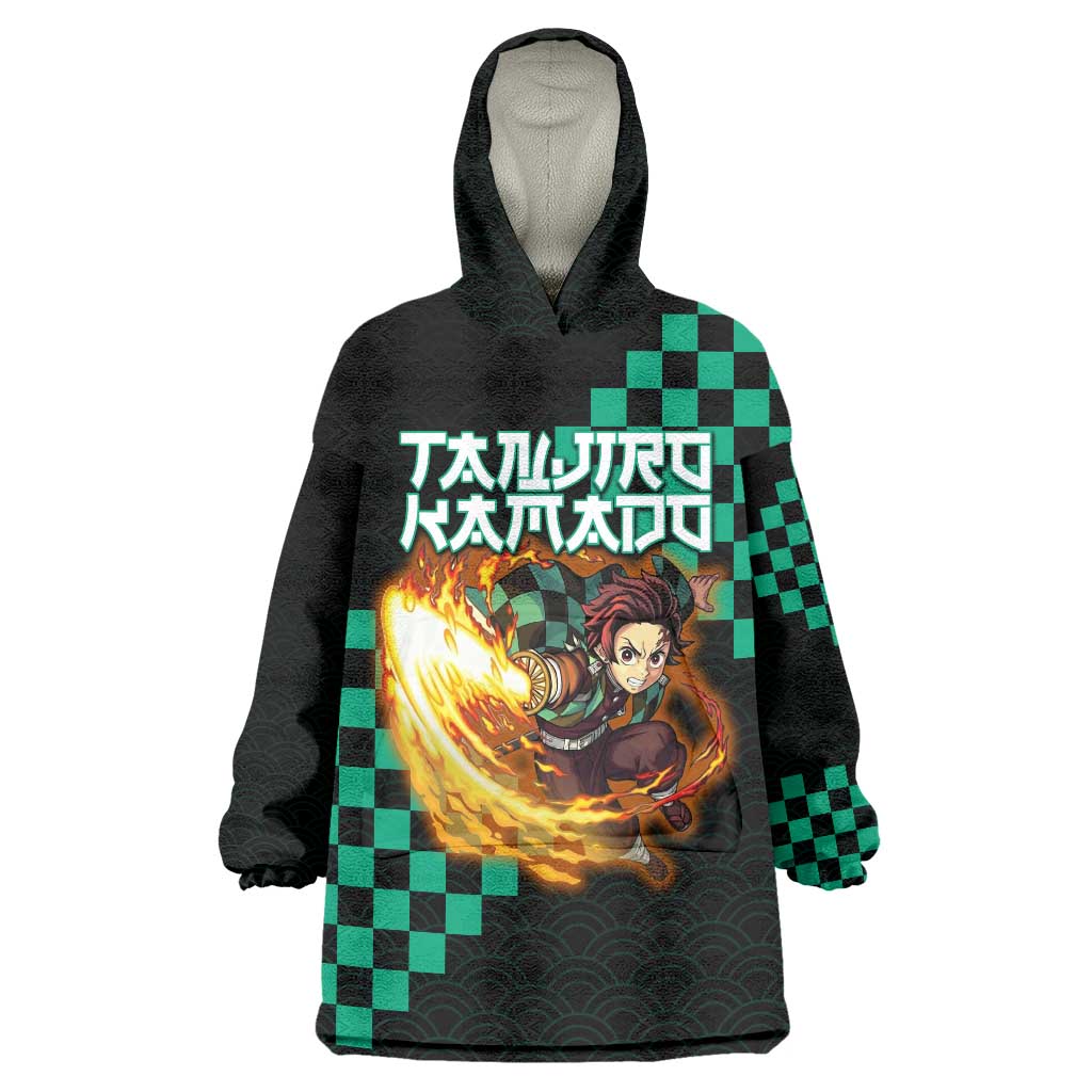 Tanjiro Kamado Demon Slayer Wearable Blanket Hoodie Fiery Checkered Anime Wave Style