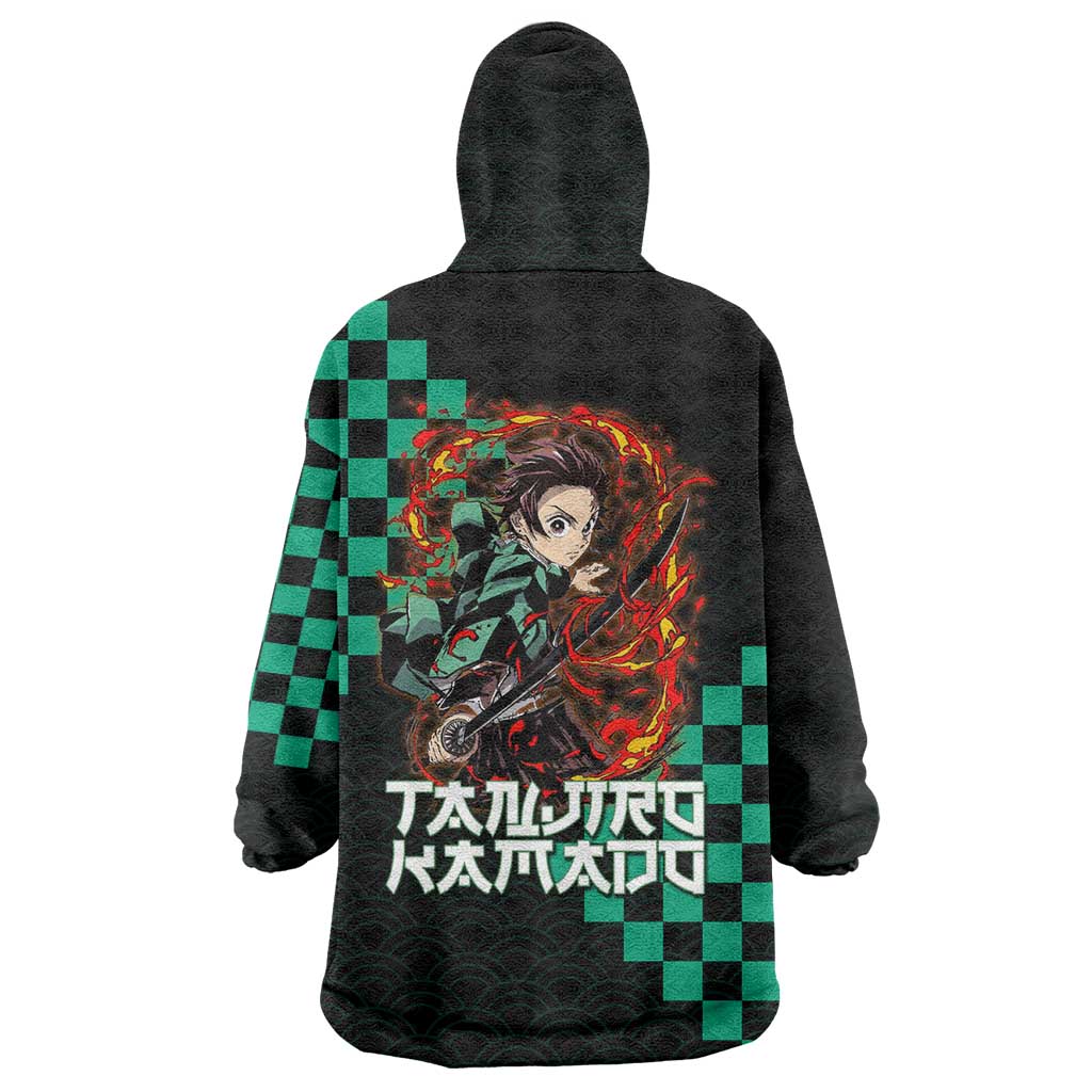 Tanjiro Kamado Demon Slayer Wearable Blanket Hoodie Fiery Checkered Anime Wave Style
