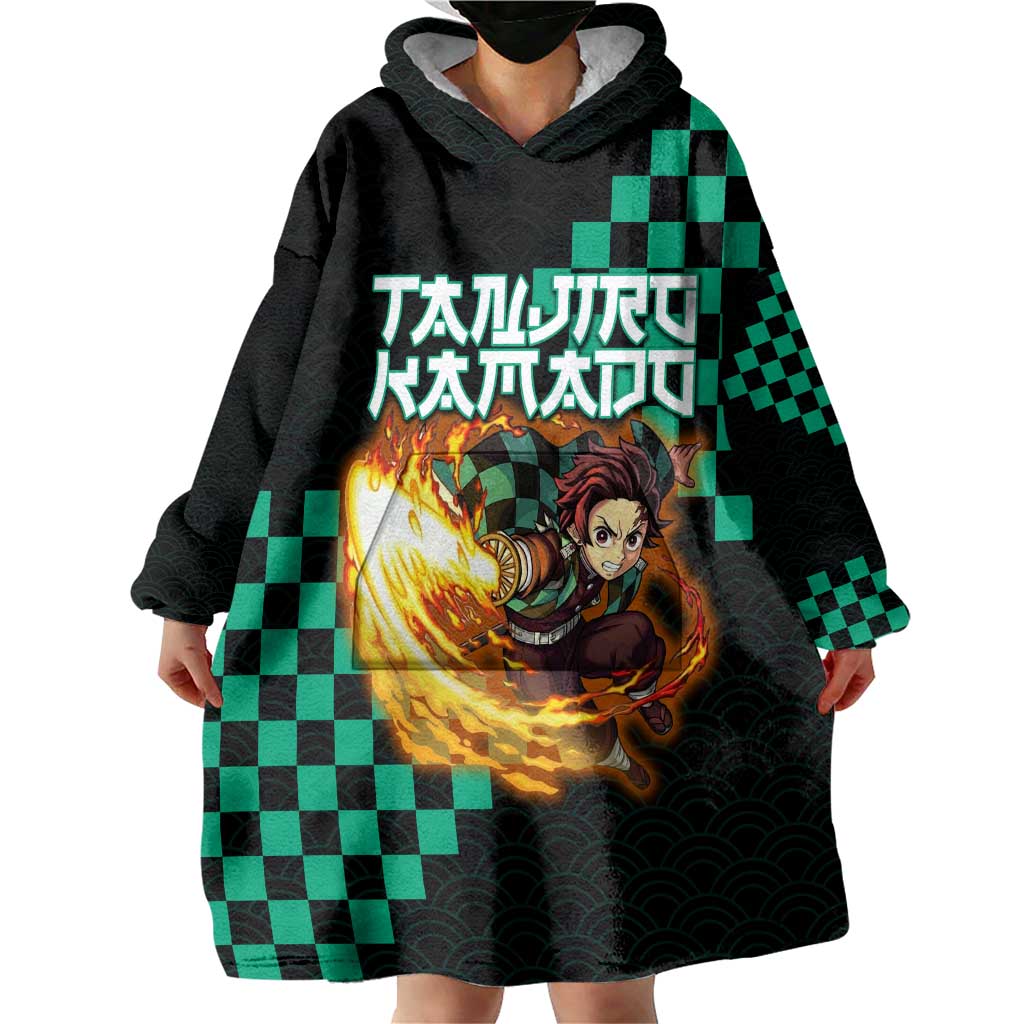 Tanjiro Kamado Demon Slayer Wearable Blanket Hoodie Fiery Checkered Anime Wave Style