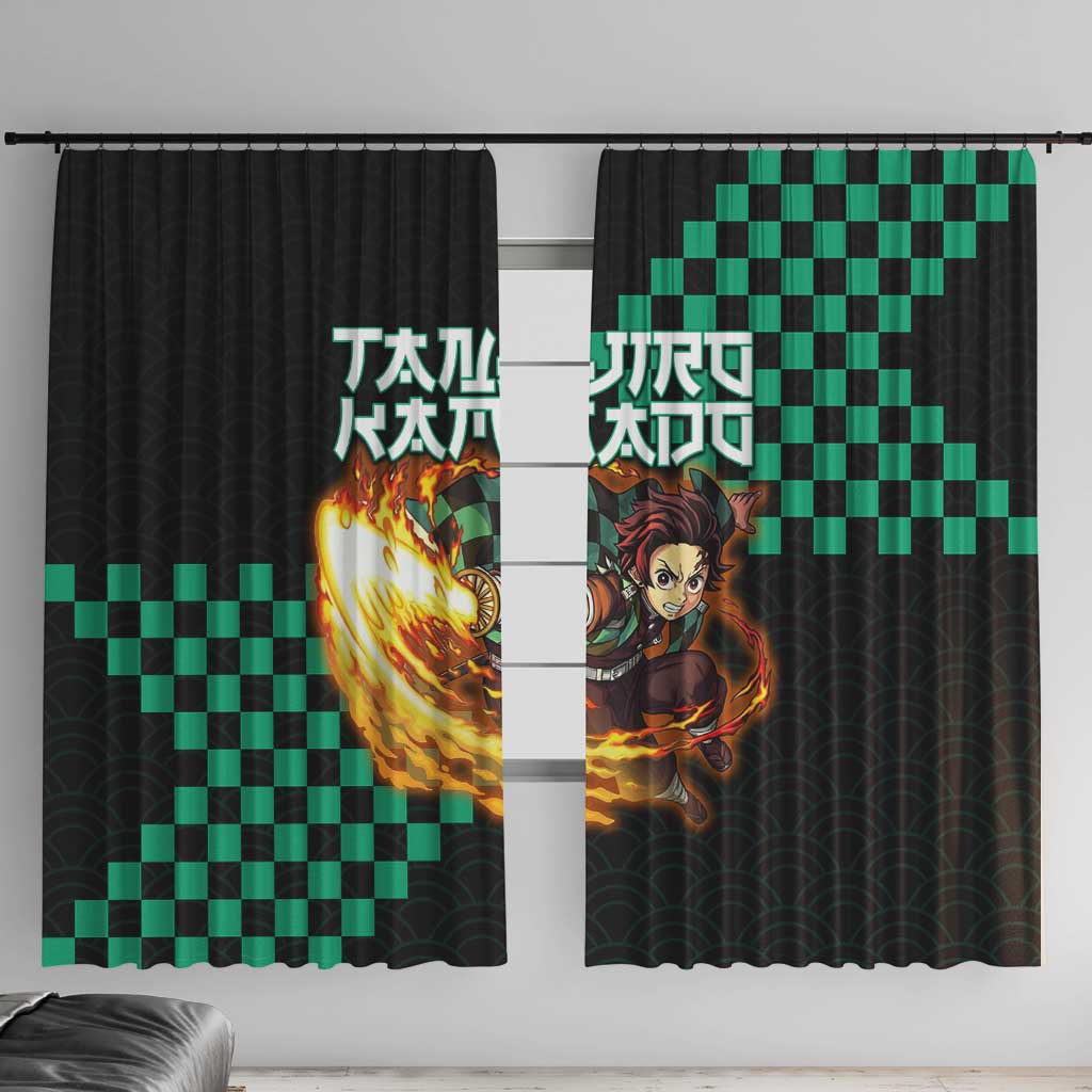 Tanjiro Kamado Demon Slayer Window Curtain Fiery Checkered Anime Wave Style