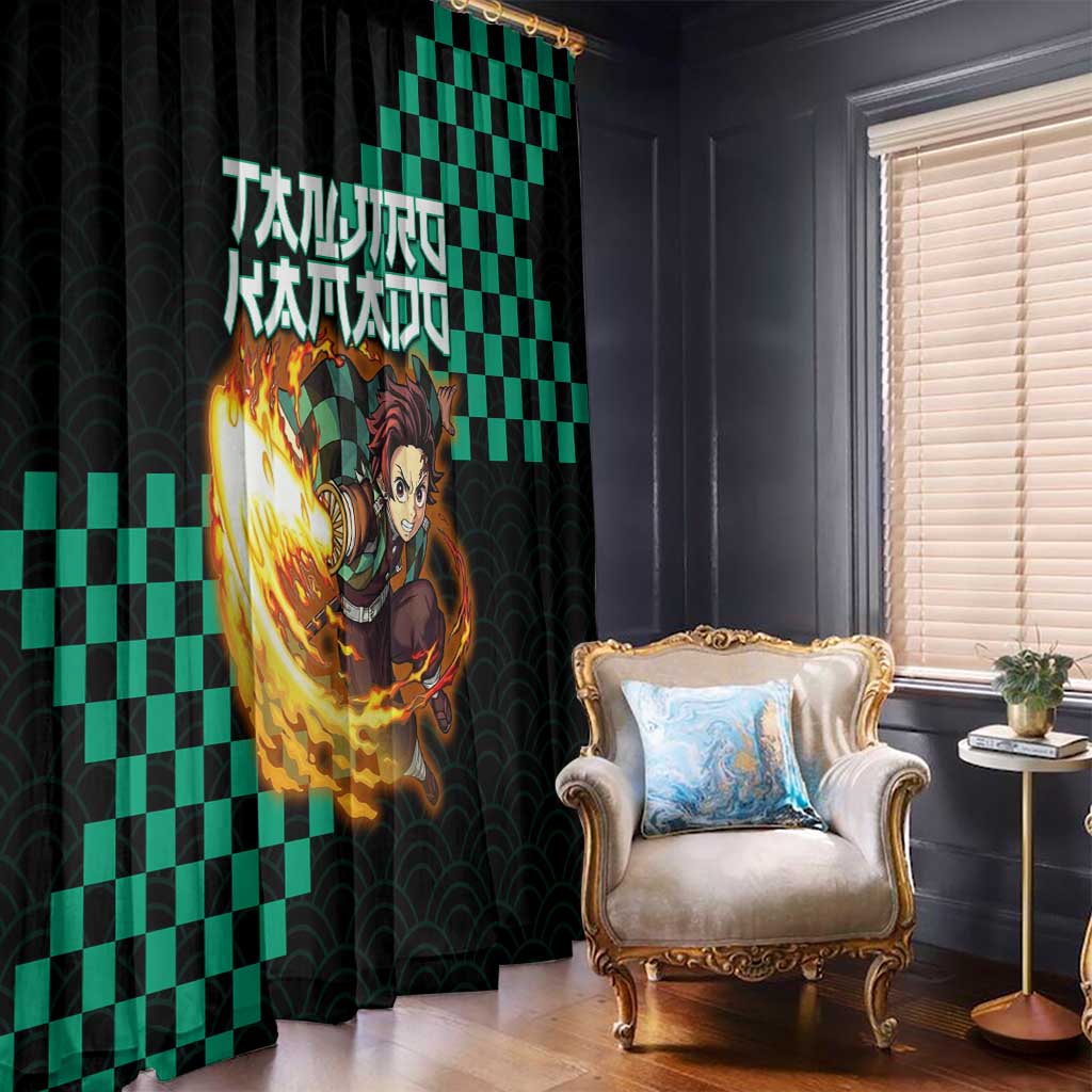 Tanjiro Kamado Demon Slayer Window Curtain Fiery Checkered Anime Wave Style