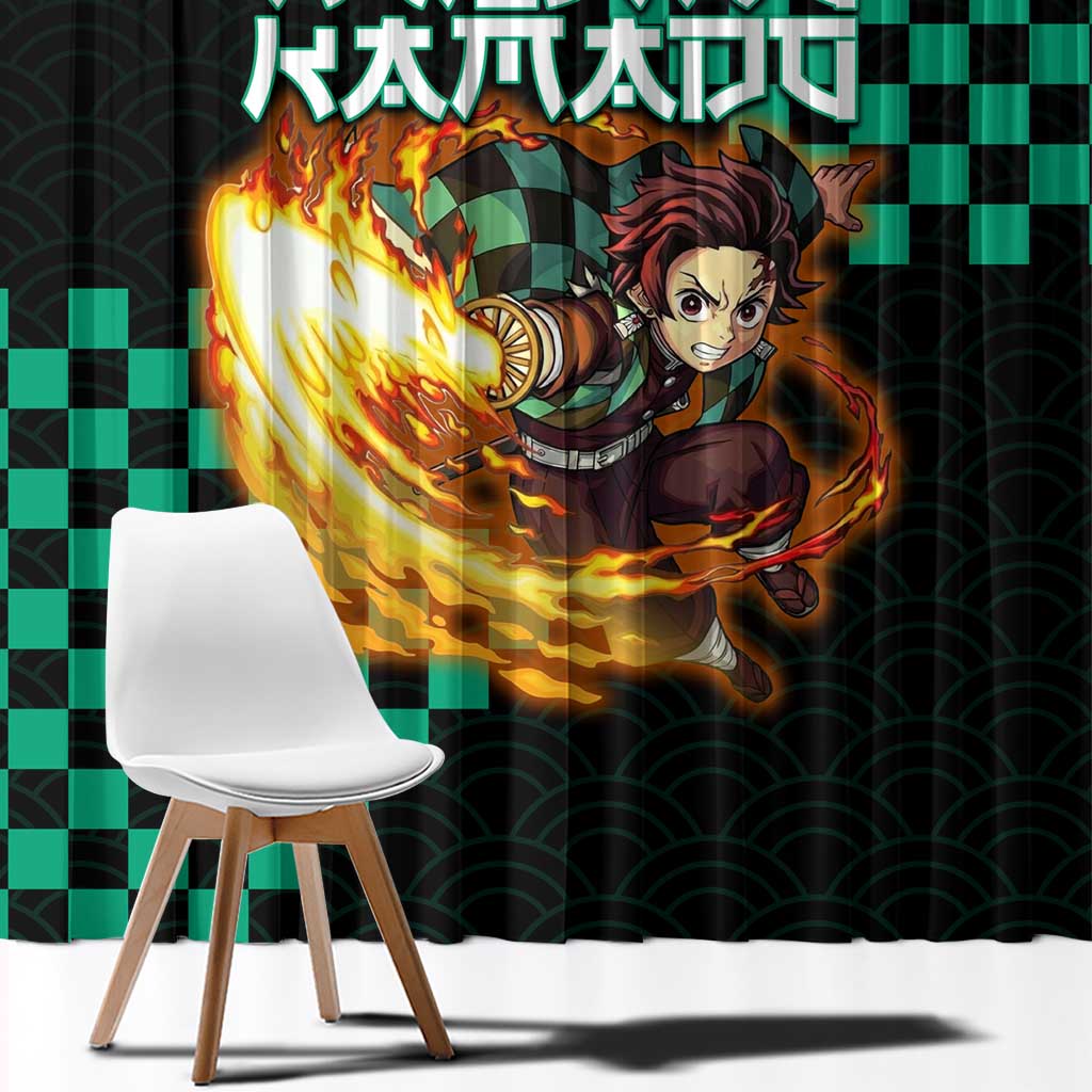 Tanjiro Kamado Demon Slayer Window Curtain Fiery Checkered Anime Wave Style