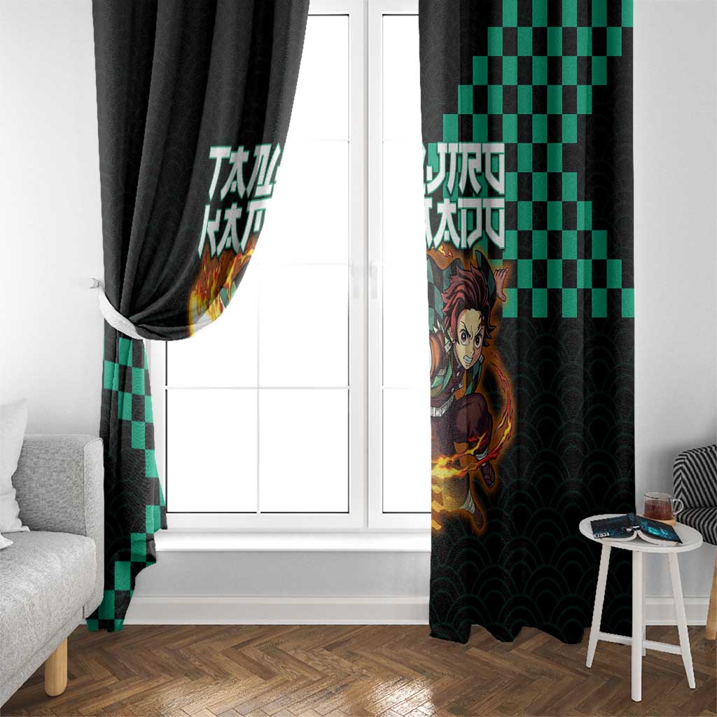 Tanjiro Kamado Demon Slayer Window Curtain Fiery Checkered Anime Wave Style