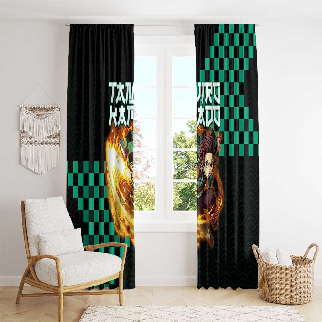 Tanjiro Kamado Demon Slayer Window Curtain Fiery Checkered Anime Wave Style
