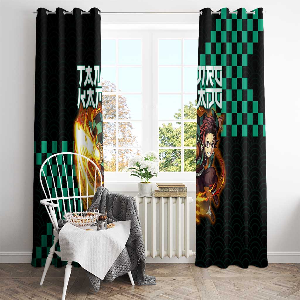 Tanjiro Kamado Demon Slayer Window Curtain Fiery Checkered Anime Wave Style