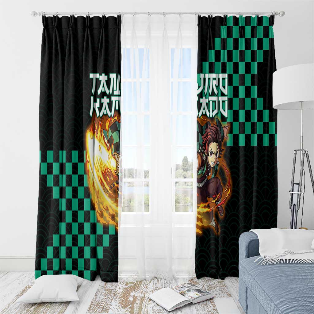Tanjiro Kamado Demon Slayer Window Curtain Fiery Checkered Anime Wave Style