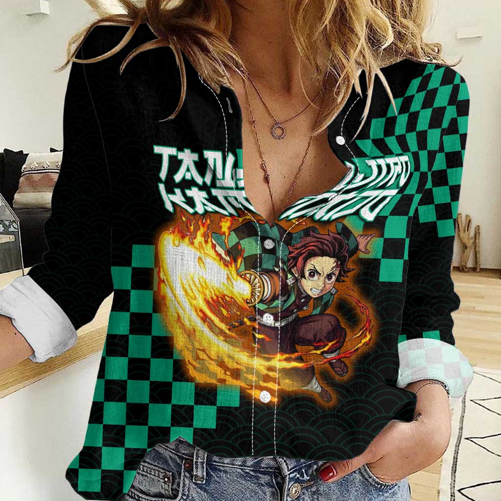 Tanjiro Kamado Demon Slayer Women Casual Shirt Fiery Checkered Anime Wave Style