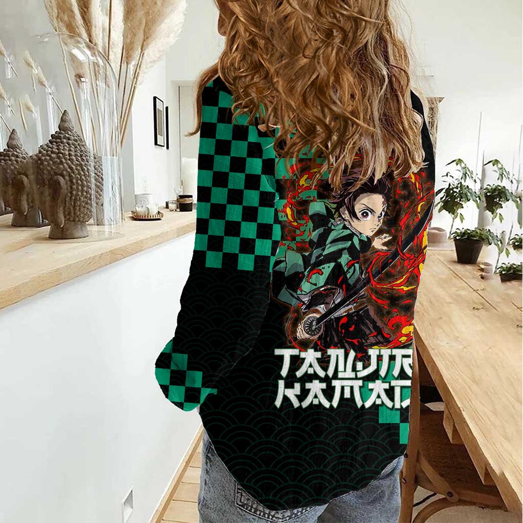 Tanjiro Kamado Demon Slayer Women Casual Shirt Fiery Checkered Anime Wave Style
