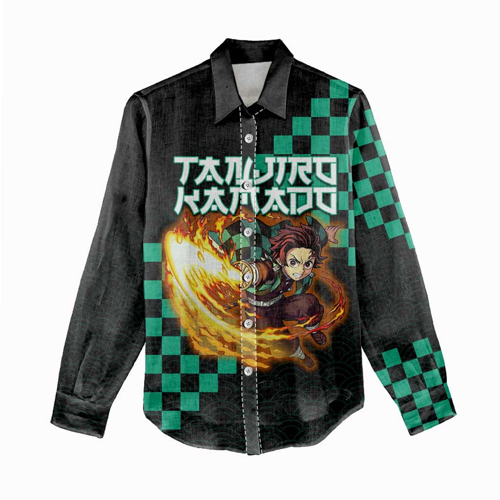 Tanjiro Kamado Demon Slayer Women Casual Shirt Fiery Checkered Anime Wave Style
