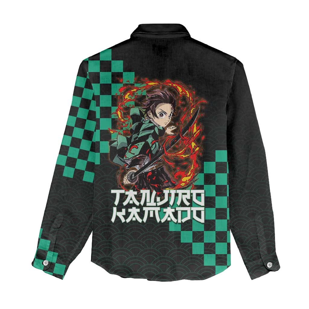 Tanjiro Kamado Demon Slayer Women Casual Shirt Fiery Checkered Anime Wave Style