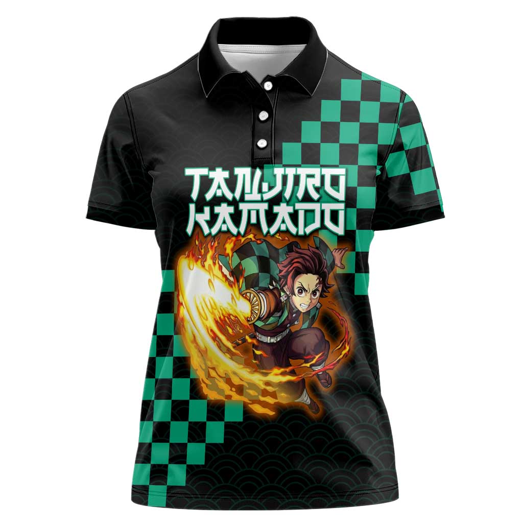 Tanjiro Kamado Demon Slayer Women Polo Shirt Fiery Checkered Anime Wave Style